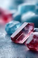 Detailed close-up of exquisite crystals showcasing vibrant colors and intricate craftsmanship in a factory setting photo