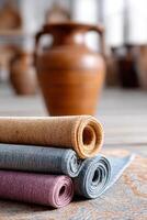 Explore vibrant carpet designs in a spacious setting with textured patterns and warm colors to inspire your home decor photo
