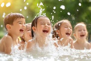 Childrens joy and laughter while playing in water from a bursting fire hydrant on a summer day photo