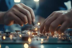 Technicians assemble electronic components in a dynamic production environment photo