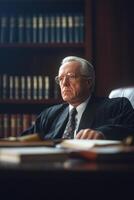 Judge in chambers reflecting on case details surrounded by law books and personal items photo