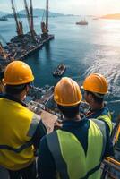 Engineers collaborating on marine projects while overlooking boats and water during sunset photo