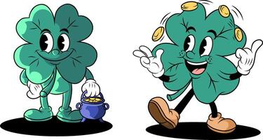 cheerful and cute dual mascot featuring a four-leaf clover, with a theme celebrating St. Patrick's Day. vector