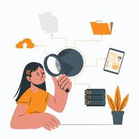 a woman holding a magnifying glass and looking at a computer vector