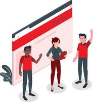 a group of people standing around a computer screen with a red background vector