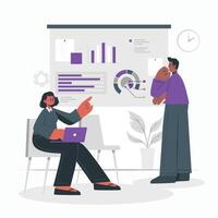 two people are sitting at a table with a laptop and a chart vector