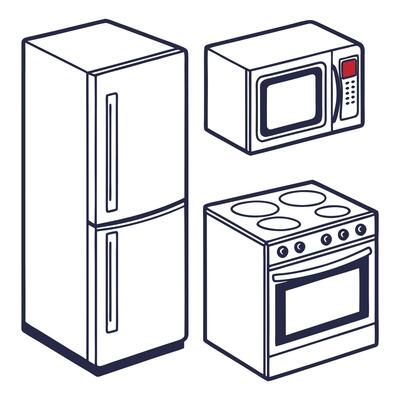 Clean line drawing of kitchen appliances like fridge, oven and microwave in black and white hand art