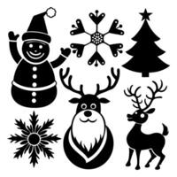 Silhouette Christmas Elements with Reindeer, Snowman, Tree and Snowflakes vector