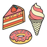 Tasty cartoon desserts including strawberry cake, donut and soft serve ice cream cone in flat fun style vector