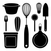 Kitchen utensil icon set with cooking tools like whisk pot and pan in solid black design vector