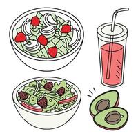 Fresh healthy salad and smoothie in flat cartoon style with avocado and vegetables for diet and wellness theme vector