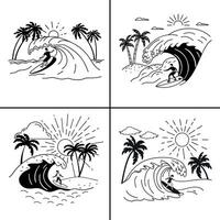 Surfer riding ocean wave under sun with palm trees and beach in tropical line drawing style vector