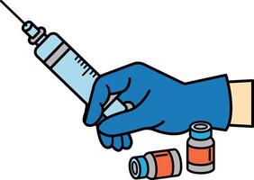 A hand holding a syringe and two vials of botox vector