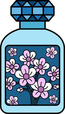 A perfume bottle with a white flower design on it