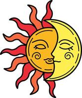 illustration of a sun and moon with a smiling face vector