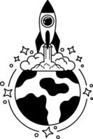 black and white illustration of a rocket is launching into space from the earth vector