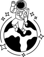 black and white illustration of an astronaut waving over a globe vector