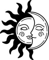 black and white illustration of a sun and moon with a smiling face vector