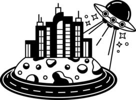black and white illustration of a city with a UFO flying over it vector
