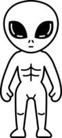 black and white illustration of an alien with a big black eyes vector