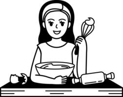 black and white illustration a girl making a cake and smiling vector