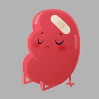 Sad cartoon kidney with a patch, showing signs of disease and failure. vector