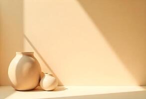Two vases sit on a table in front of a window photo