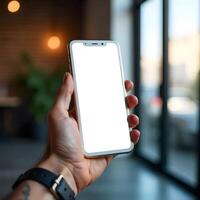 A person holding a white phone with a blank screen photo