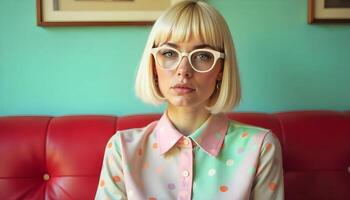 A woman with glasses and polka dot shirt sitting on a red couch photo