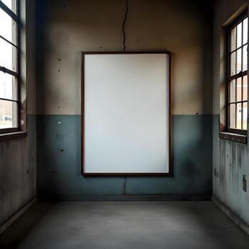An empty room with a white frame hanging on the wall photo