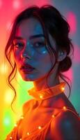A woman with neon lights on her face photo
