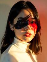 A woman with a black eye mask and red light photo
