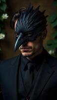 A man in a black suit and black bird mask photo