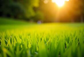 Green grass in the sun with a blurry background photo