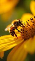 A bee is on a yellow flower with a bright sun photo