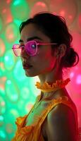 A woman wearing glasses and a yellow dress in front of colorful balloons photo