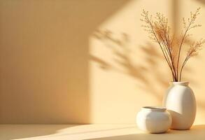 Two white vases with dried grass in front of a window photo
