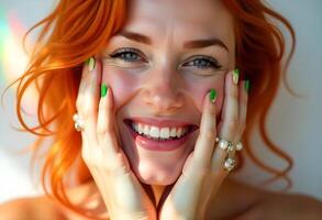 A woman with bright red hair and green nails photo