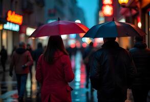 Two people walking in the rain with umbrellas photo