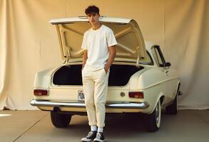 A man standing next to a car with the trunk open photo
