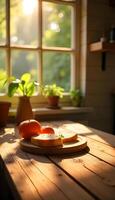 A plate with bread and tomatoes on a table in front of a window photo