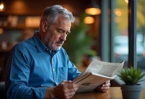 An older man reading a newspaper in a cafe photo