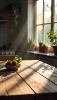 A wooden table with a bowl of fruit on it photo