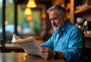 A man reading a newspaper in a cafe photo