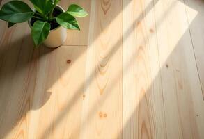 A potted plant sits on a wooden floor photo