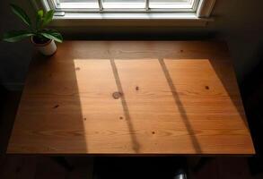 A table with a plant on it in front of a window photo