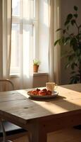 A table with a plate of fruit on it photo