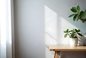 A wooden table with a potted plant on it photo