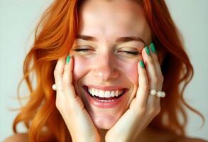 A woman with red hair and green nails is smiling photo