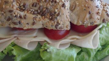 Delicious sandwich with turkey, lettuce, and tomatoes video